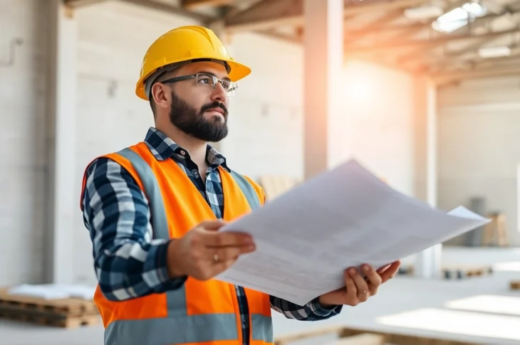 Skilled contractor reviewing construction plans on-site, ensuring quality and accuracy of building work.