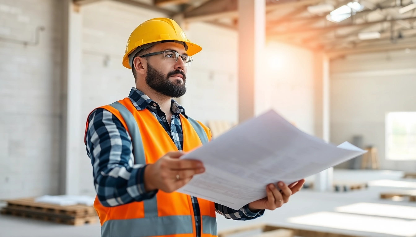 Skilled contractor reviewing construction plans on-site, ensuring quality and accuracy of building work.