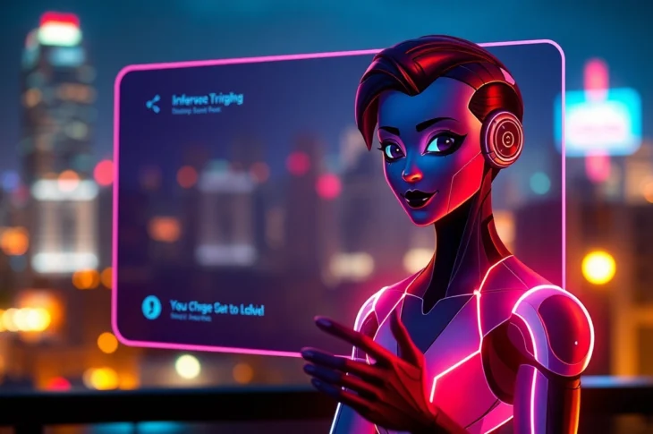 A futuristic AI character interacting with a user on a holographic chat interface.