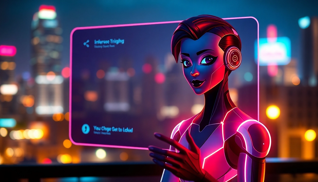 A futuristic AI character interacting with a user on a holographic chat interface.