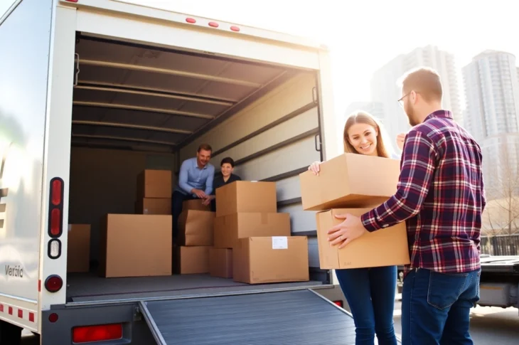 Local moving help Calgary — Professional movers safely loading belongings into a clean truck, cityscape in background.