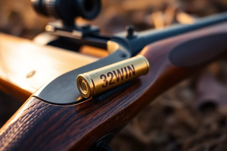 Detailed shot of a 32WIN rifle with ammunition in a rustic outdoor setting, highlighting classic firearm features.