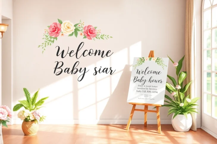 Elegant baby shower welcome sign displayed at entrance with floral decor, creating a joyful greeting for guests