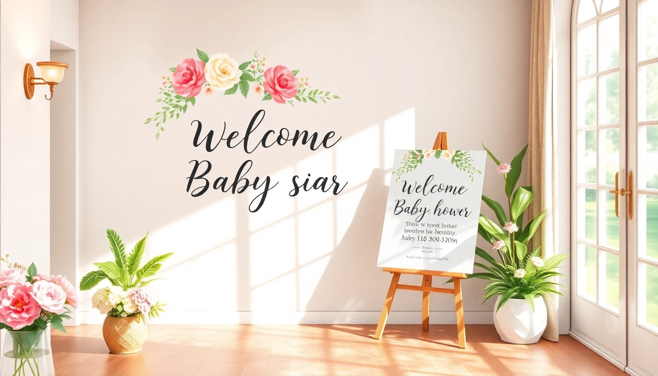 Elegant baby shower welcome sign displayed at entrance with floral decor, creating a joyful greeting for guests