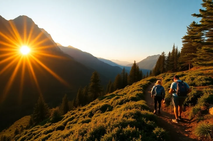 Hiking adventure on a scenic mountain trail showcasing lush nature and outdoor activities for hiking enthusiasts.