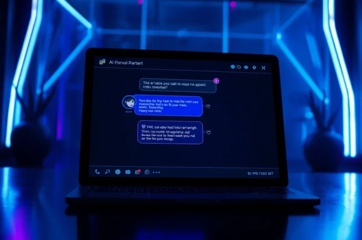 Close-up of a futuristic AI chat interface with seductive digital elements illuminated by neon lights in a dark room.