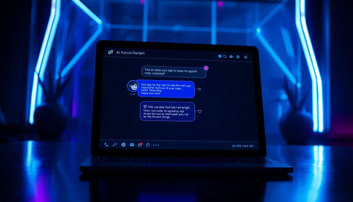Close-up of a futuristic AI chat interface with seductive digital elements illuminated by neon lights in a dark room.