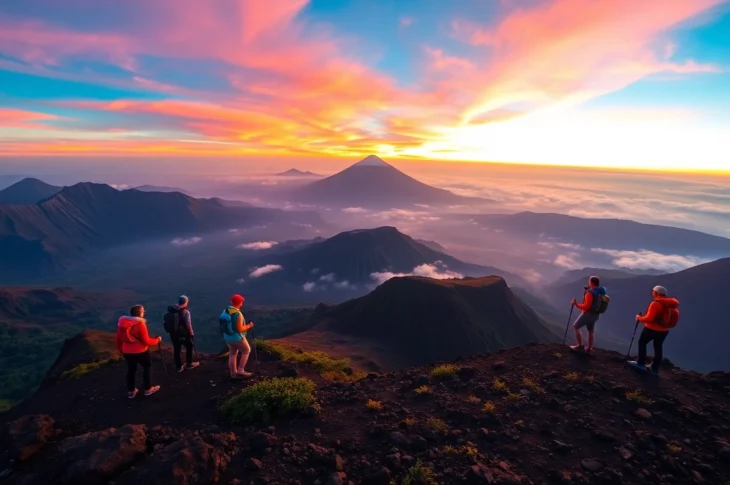 Hikers overlooking Mount Rinjani's crater rim at sunrise with vibrant sky and lush landscape