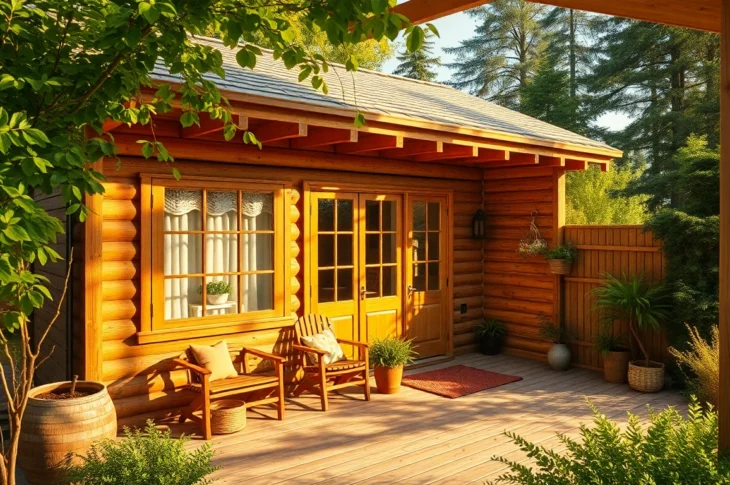 Charming Ferienhaus amid lush greenery with outdoor seating, perfect for a relaxing holiday escape.