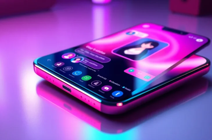 Close-up of a smartphone displaying a colorful AI sexting app interface with animated chat bubbles and customizable characters.