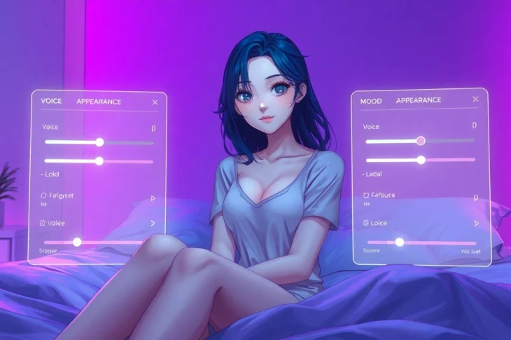Futuristic AI girlfriend in a cozy, tech-enhanced bedroom with holographic customization interfaces