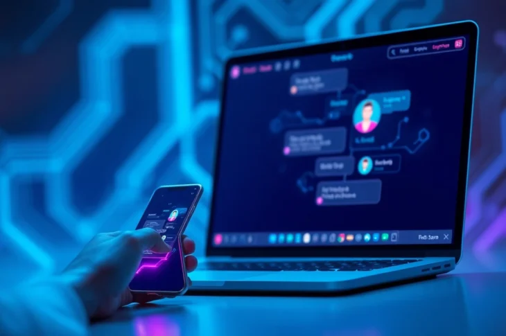 Futuristic AI chatbot interface on devices with neon accents, representing advanced digital communication