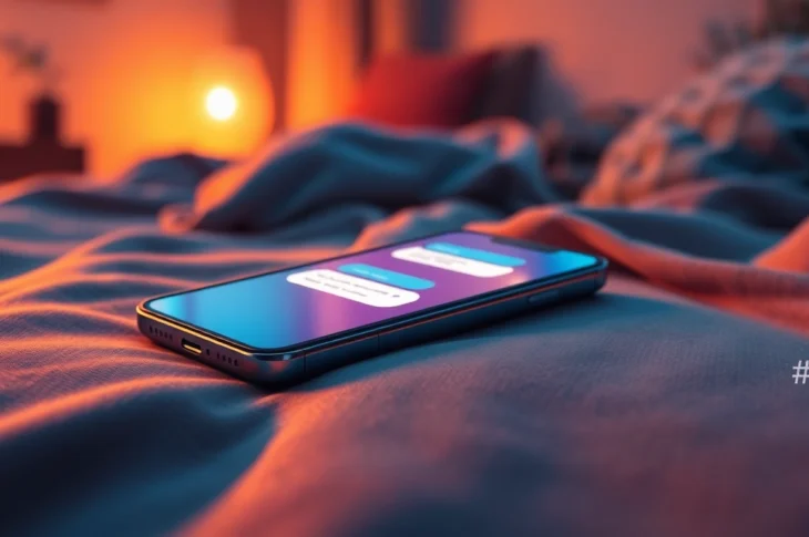 Smartphone with chat interface on a cozy desk, warm lighting, inviting atmosphere.