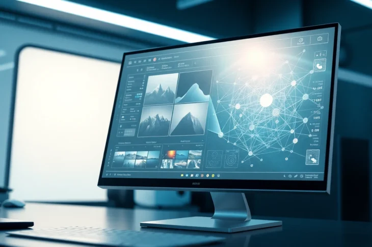 Futuristic workspace showing Nano Banana AI interface with complex editing tools and 3D visualization