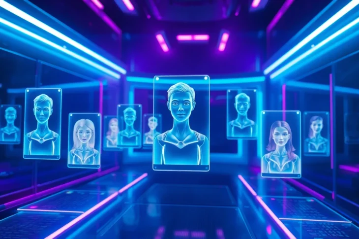 Futuristic scene of holographic AI characters in a neon-lit cyberspace environment.