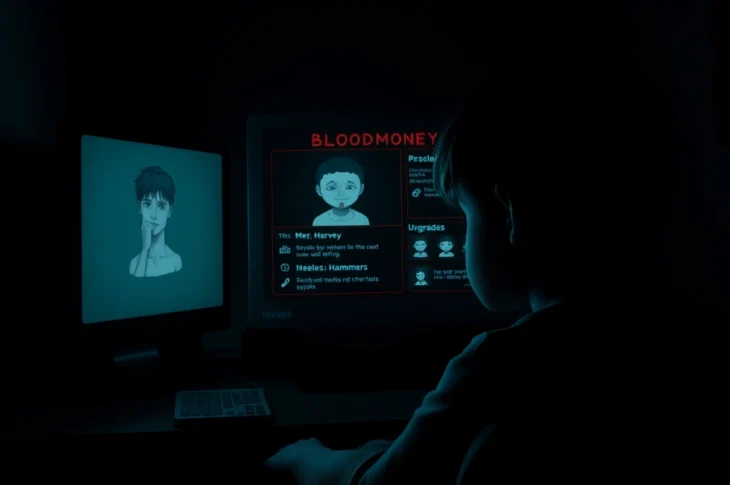 A player watching a computer screen displaying BLOODMONEY, with Harvey showing signs of suffering as the game’s disturbing choices unfold in a dark room.