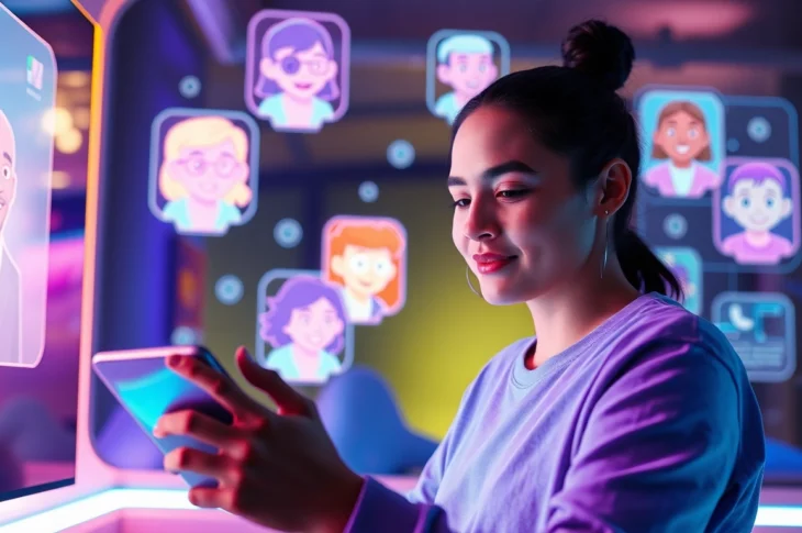A person engaging with AI characters in a futuristic digital chat environment with holographic interfaces and vibrant colors.