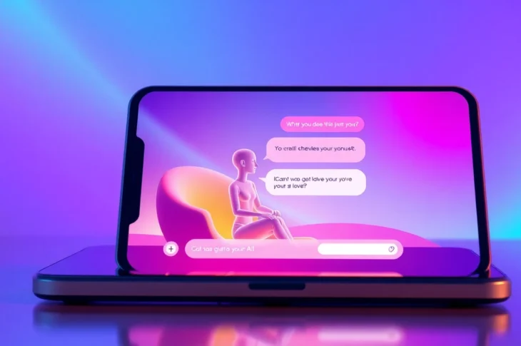 Digital illustration of a chat interface with an AI girlfriend on a modern device, highlighting intimacy and technology.