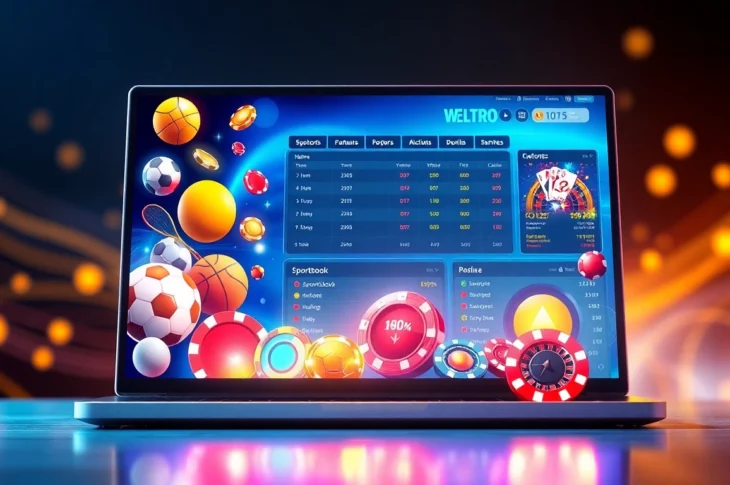 Illustration of a vibrant online sportsbook and casino platform on a computer screen with sports and casino elements.