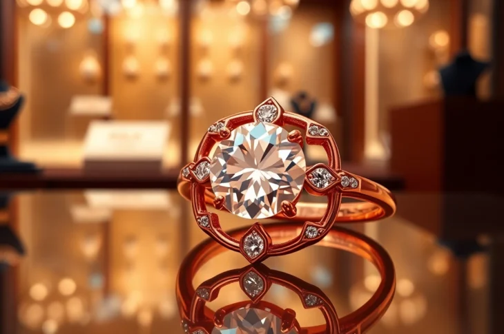 Elegant red gold engagement ring showcasing a luminous diamond, highlighting warmth and luxury for engagement.