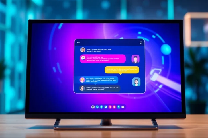 Close-up of a futuristic chat interface with colorful conversation bubbles on a sleek screen.