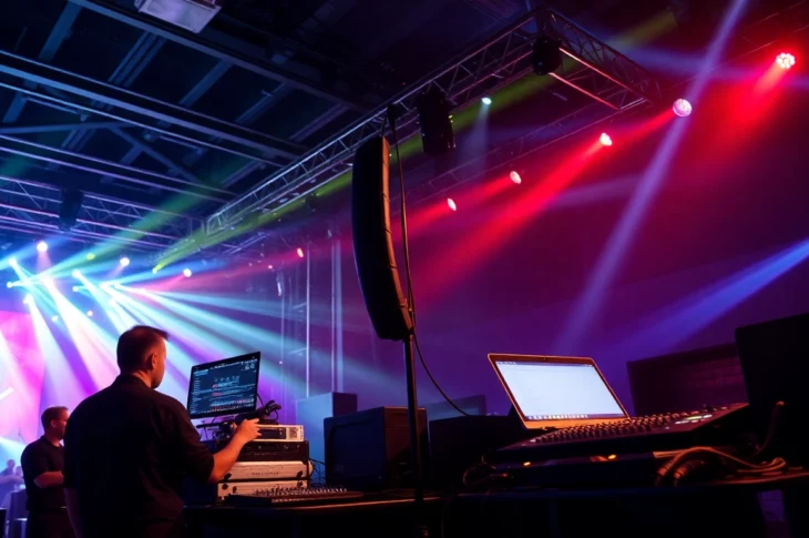 Professionelle Ton- und Lichttechnik Köln beim Aufbau eines Events mit moderner Technik und Beleuchtung für beeindruckende Veranstaltungen.