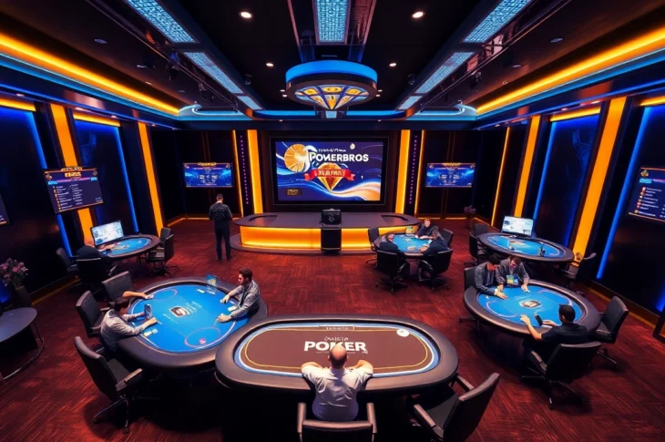 Pokerbros Diamond Union's digital poker room with active tables, chips, and strategic players in a sleek online setting.