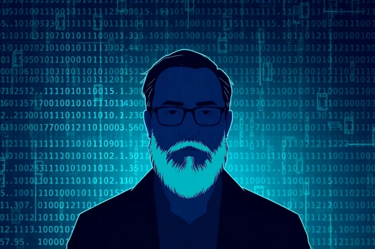 Satoshi Nakamoto, the mysterious creator of Bitcoin, depicted in cryptographic style, symbolizing innovation and secrecy.