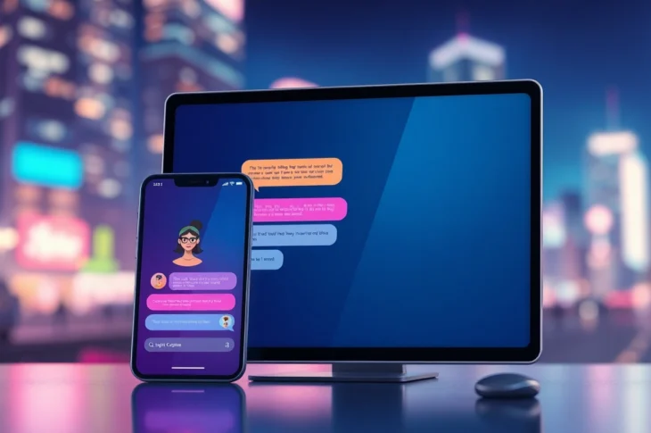 Smartphone and desktop screens showing a chat interface with customizable AI characters against a neon cityscape background.