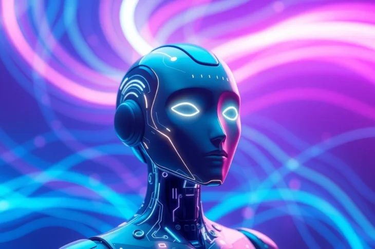 Futuristic AI character with glowing circuitry and vibrant neon background, representing advanced artificial intelligence technology.