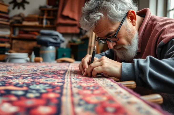 Professional team performing Restauro Tappeti milano on antique oriental rugs with meticulous