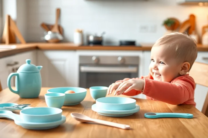 High-quality baby feeding set for weaning in silicone with utensils, displayed on a wooden