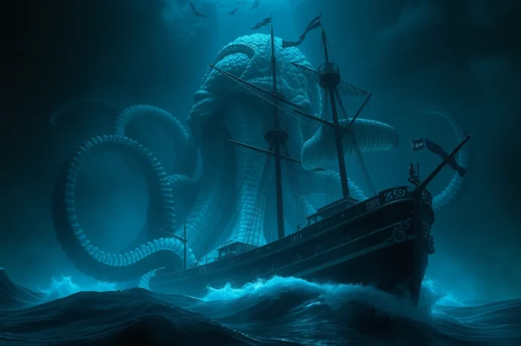 Ancient kraken emerging from dark waters, wrapping tentacles around ship, concept illustration