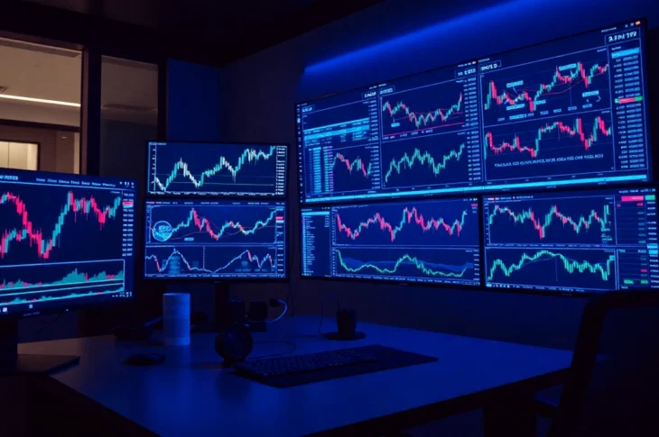 User analyzing trading view charts on multiple screens for market analysis and investment decisions